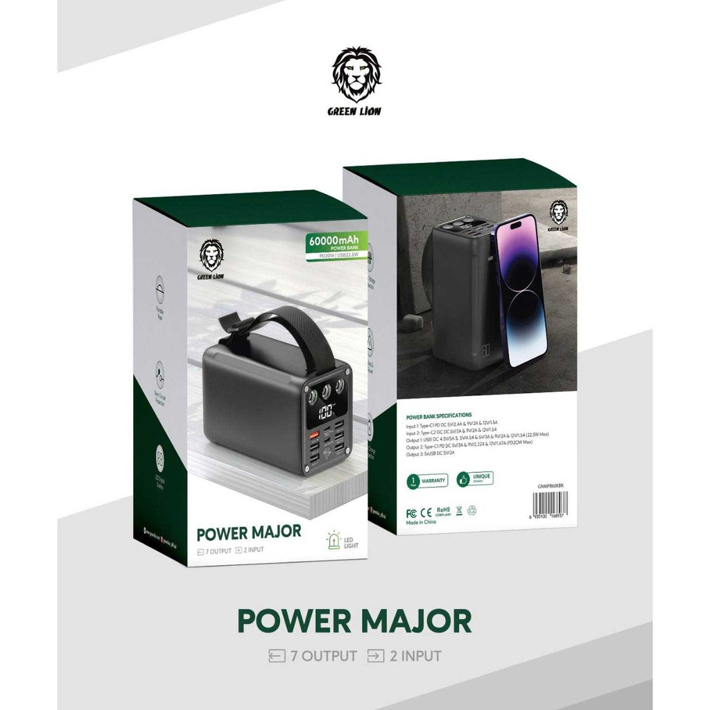 پاوربانک گرین لاین مدل gnmpb60kbk power major ظرفیت 60000 میلی آمپر ساعت مشکی